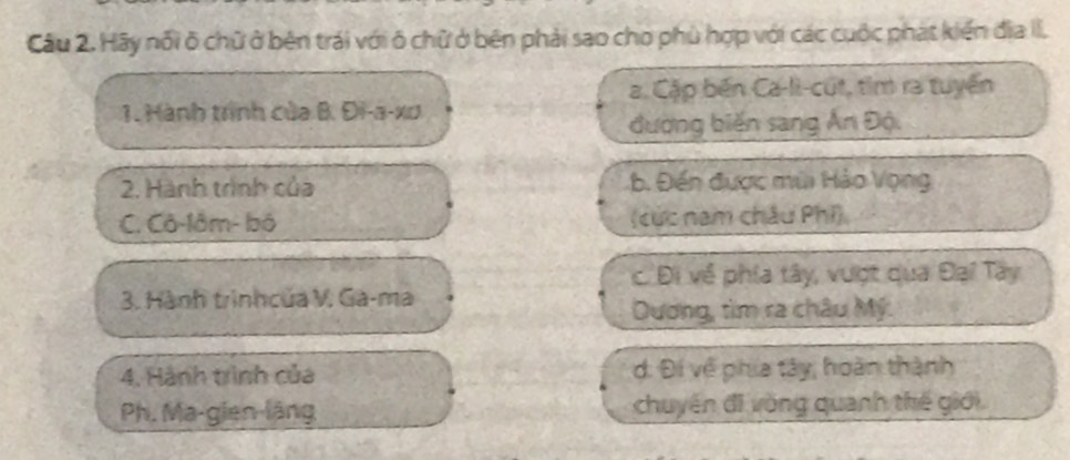 Hãy nổi õ chữ ở bên trái với ô chữ ở bên phải sao cho phù hợp với các cuộc phát kiến địa II.
a. Cập bến Ca-li-cut, tìm ra tuyển
1. Hành trình của B. Đi-a-xu
đường biến sang Ấn Độ.
2. Hành trình của b. Đến được mùi Hảo Vọng
C. Cô-lâm- bộ (cức nam châu Phí)
C. Đi về phía tây, vượt qua Đại Tây
3. Hành trìnhcủa V. Ga-ma
Dương, tìm ra châu Mỹ:
4. Hành trình của d. Đi về phía tây, hoàn thành
Ph. Ma-gien-lãng chuyển đi vòng quanh thế giới