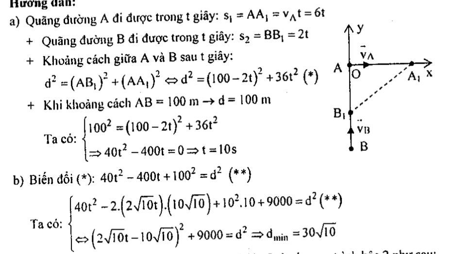 Hướng dân:
a) Quãng đường A đi được trong t giây: s_1=AA_1=v_wedge t=6t
+ Quãng đường B đi được trong t giây: s_2=BB_1=2t
+ Khoảng cách giữa A và B sau t giây:
d^2=(AB_1)^2+(AA_1)^2Leftrightarrow d^2=(100-2t)^2+36t^2(*)
+ Khi khoảng cách AB=100mto d=100m
Ta có: beginarrayl 100^2=(100-2t)^2+36t^2 Rightarrow 40t^2-400t=0Rightarrow t=10sendarray.
b) Biến đổi (*): 40t^2-400t+100^2=d^2(**)
Ta có: beginarrayl 40t^2-2(2sqrt(10)t).(10sqrt(10))+10^2.10+9000=d^2(t^4) Leftrightarrow (2sqrt(10)t-10sqrt(10))^2+9000=d^2Rightarrow d_min=30sqrt(10)endarray.