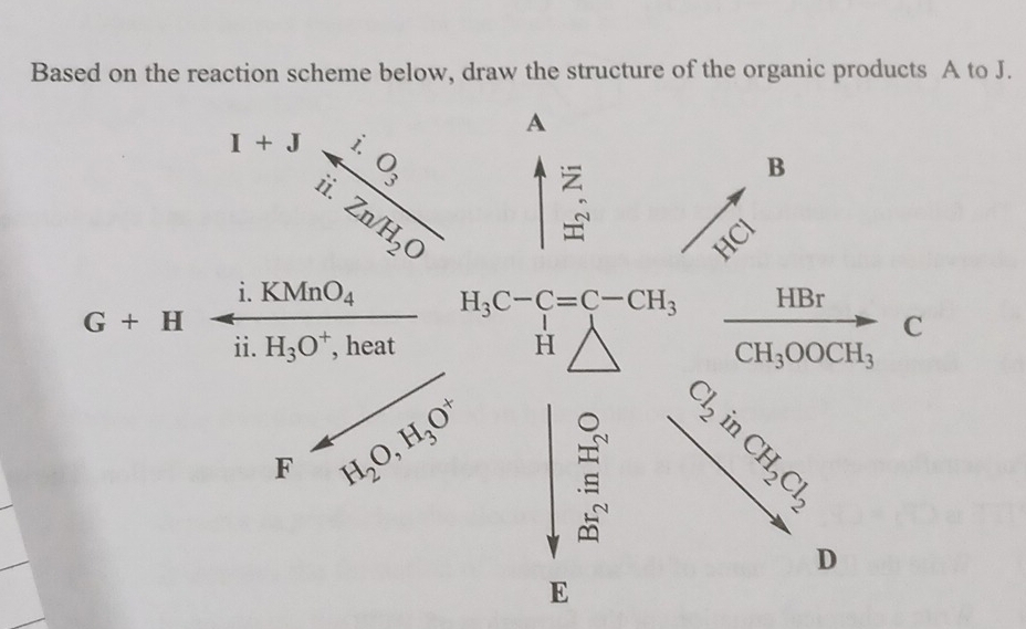 Based on the reaction scheme below, draw the structure of the organic products A to J.
A
I+J 4.  O/3 
B
Zn/H_2O
HCl
i.KMnO_4 H_3C-C=C-CH_3 HBr
G+H
C
ii. H_3O^+ , heat H
CH_3OOCH_3
F H_2O, H_3O^+
Cl_2inCH_2Cl_2
D
E