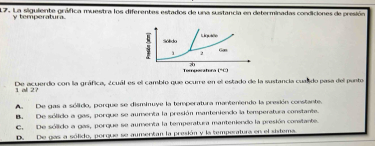 La siguiente gráfica muestra los diferentes estados de una sustancia en determinadas condiciones de presión
y temperatura.
Líquido
Sólido
1 2 Gas
2b
Temperatura (^circ C)
De acuerdo con la gráfica, ¿cuál es el cambio que ocurre en el estado de la sustancia cuasdo pasa del punto
1 al 2?
A. De gas a sólido, porque se disminuye la temperatura manteniendo la presión constante.
B. De sólido a gas, porque se aumenta la presión manteniendo la temperatura constante.
C. De sólido a gas, porque se aumenta la temperatura manteniendo la presión constante.
D. De gas a sólido, porque se aumentan la presión y la temperatura en el sistema.