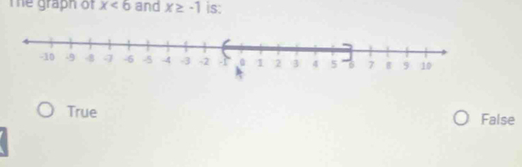 The graph of x<6</tex> and x≥ -1 is:
True
False