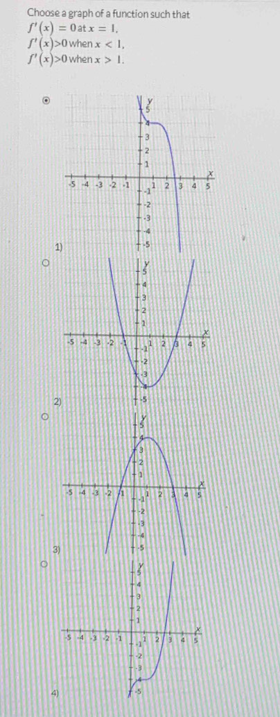 Choose a graph of a function such that
f'(x)=0a x=1,
f'(x)>0 when x<1</tex>,
f'(x)>0 when x>1.
1
2
3
4