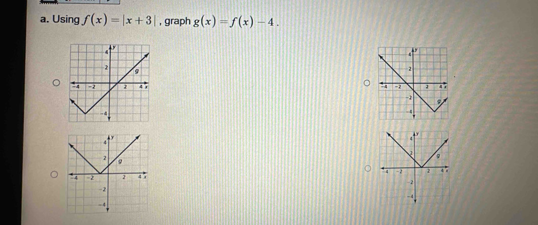 Using f(x)=|x+3| , graph g(x)=f(x)-4.