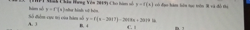 (THPT Minh Châu Hưng Yên 2019) Cho hàm số y=f(x) có đạo hàm liên tục trên R và đồ thị
hàm số y=f'(x) như hình vẽ bên.
Số điểm cực trị của hàm số y=f(x-2017)-2018x+20191a.
A. 3 B. 4 C. 1 D. 2