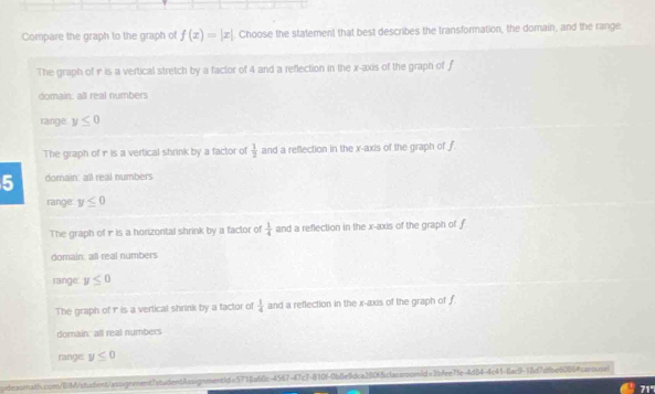 Compare the graph to the graph of f(x)=|x|. Choose the statement that best describes the transformation, the domain, and the range
The graph of r is a vertical stretch by a factor of 4 and a reflection in the x-axis of the graph of f
domain, all real numbers
range y≤ 0
The graph of i is a vertical shrink by a factor of  1/2  and a reflection in the x-axis of the graph of f
5 domain: all real numbers
range y≤ 0
The graph of i is a horizontal shrink by a factor of  1/4  and a reflection in the x-axis of the graph of f
domain: all real numbers
range y≤ 0
The graph of 1 is a vertical shrink by a factor of  1/4  and a reflection in the x-axis of the graph of f
domain: all real numbers
range. y≤ 0
ideasnath.com/BlM/student/assignment"studentAssignment/d=5718a60cc4567-47c7-810f0b8e9dca280f&classroom/dn2bfee7fe4d84-4c41-8ac9c18d7dfbe60864carousel 71°