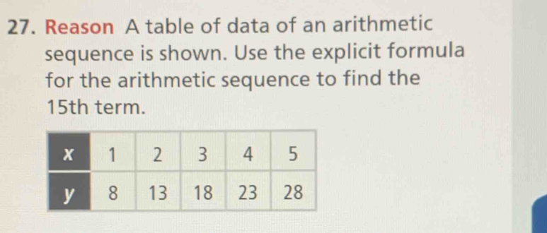 Reason A table of data of an arithmetic 
sequence is shown. Use the explicit formula 
for the arithmetic sequence to find the
15th term.