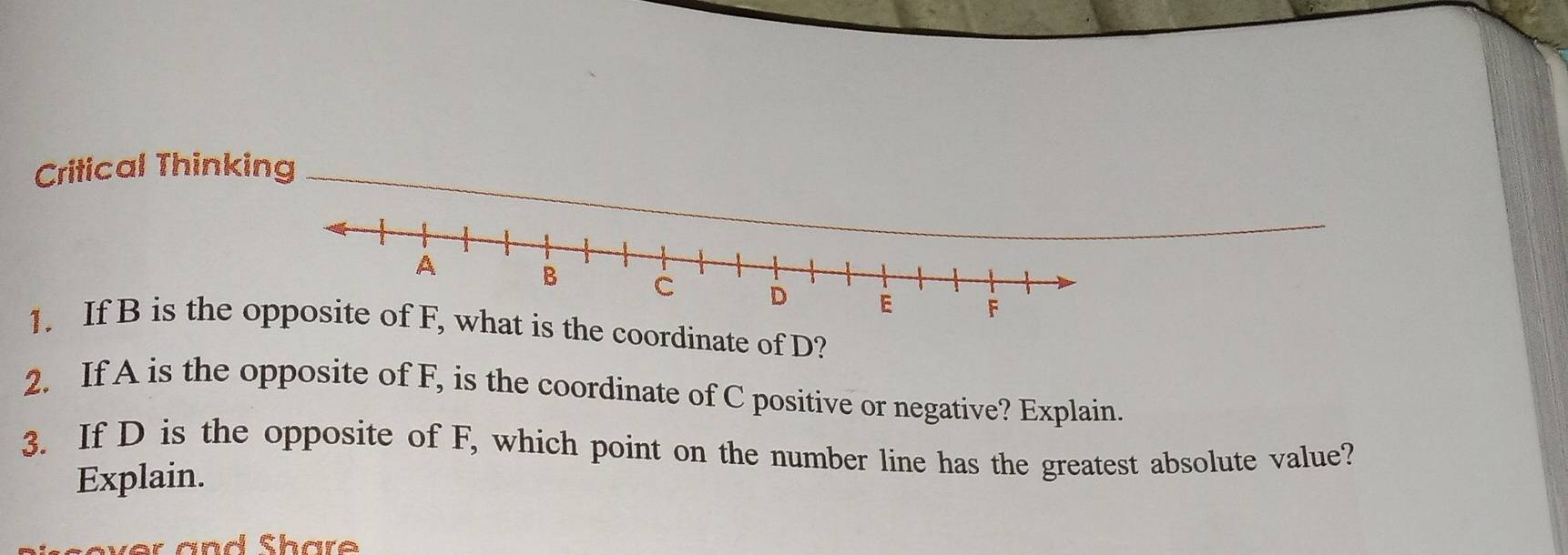 Critical Thinking 
1. If B is the ohat is the coordinate of D? 
2. If A is the opposite of F, is the coordinate of C positive or negative? Explain. 
3. If D is the opposite of F, which point on the number line has the greatest absolute value? 
Explain.