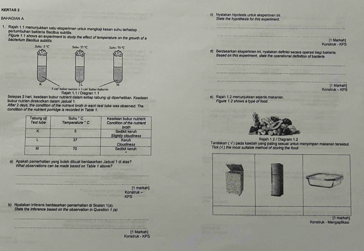 KERTAS 2 c) Nyatakan hipotesis untuk eksperimen ini
BAHAGIAN A State the hypothesis for this experiment.
1. Rajah 1.1 menunjukkan satu eksperimen untuk mengkaji kesan suhu terhadap_
pertumbuhan bakteria Bacillus subtilis.
Figure 1.1 shows an experiment to study the effect of temperature on the growth of a_
bacterium Bacillus subtilis. [1 Markah]
Konstruk - KPS
d) Berdasarkan eksperimen ini, nyatakan definisi secara operasi bagi bakteria.
Based on this experiment, state the operational definition of bacteria
_
_
_
[1 Markah]
Konstruk - KPŠ
Selepas 2 hari, keadaan bubur nutrient dalam setiap tabung uji diperhatikan. Keadaan e) Rajah 1.2 menunjukkan sejenis makanan.
bubur nutrien direkodkan dalam Jadual 1. Figure 1.2 shows a type of food.
After 2 days, the condition of the nutrient broth in each test tube was observed. The
condition of the nutrient porridge is recorded in Table 1.
Rajah 1.2 / Diagram 1.2
Tandakan ( √ ) pada kaedah yang paling sesuai untuk menyimpan makanan tersebut.
Tick (√ ) the most suitable method of storing the food.
a) Apakah pemerhatian yang boleh dibuat berdasarkan Jadual 1 di atas?
What observations can be made based on Table 1 above?
_
_
[1 markah]
Konstruk -
KPS
b) Nyatakan inferens berdasarkan pemerhatian di Soalan 1(a).
State the inference based on the observation in Question 1 (a)
_
[1 markah]
Konstruk - Mengaplikasi
_
[1 Markah]
Konstruk - KPS