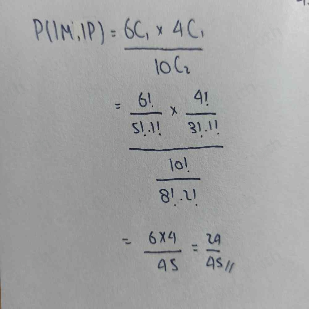 P(|M_1P)=frac 6C_1* 4C_110C_2
frac  61/5! *  41/90  100/8!· 1! 
= (6* 4)/45 = 24/45/1 