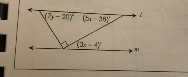 (7y-20)^circ  (5x-38)^circ  1
(3x-4)^circ 
m