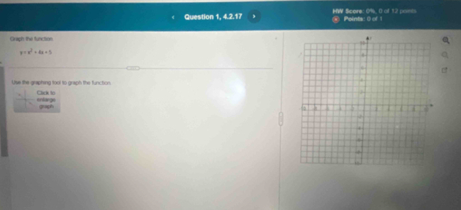 Question 1, 4.2.17 , HW Score: 0%, 0 of 12 points Points: () of 1 
Graph the function
y=x^2+4x+5
Use the graphing tool to graph the function 
Clack to 
entarge graph