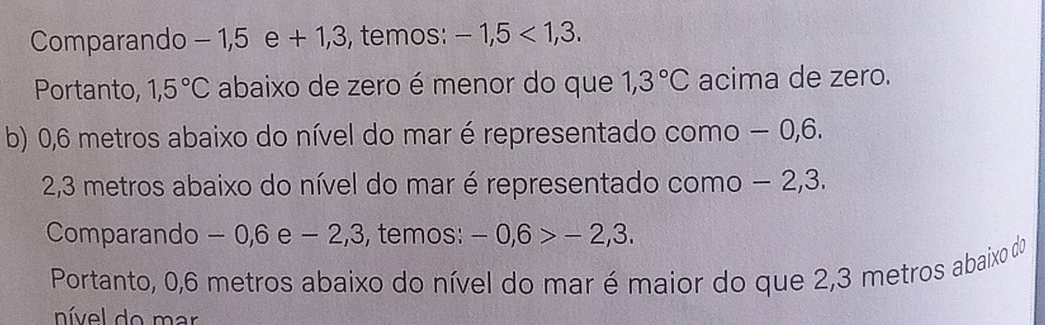 Comparando - 1,5 e + 1,3, temos: -1,5<1,3. 
Portanto, 1,5°C abaixo de zero é menor do que 1,3°C acima de zero. 
b) 0,6 metros abaixo do nível do mar é representado como − 0,6.
2,3 metros abaixo do nível do mar é representado como − 2, 3. 
Comparando - 0,6 e - 2, 3, temos: -0,6>-2,3. 
Portanto, 0,6 metros abaixo do nível do mar é maior do que 2,3 metros abaixo do 
nível do mar