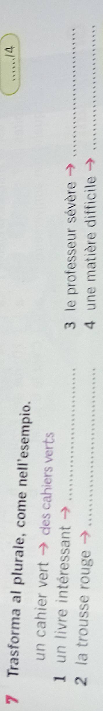 A 
7 Trasforma al plurale, come nell'esempio. 
un cahier vert → des cahiers verts 
1 un livre intéressant_ 
3 le professeur sévère_ 
2 la trousse rouge_ 
4 une matière difficile_