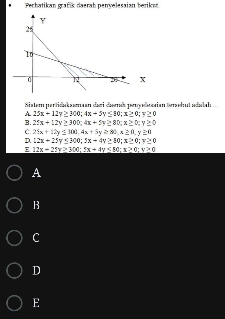 Perhatikan grafik daerah penyelesaian berikut.
Sistem pertidaksamaan dari daerah penyelesaian tersebut adalah....
A. 25x+12y≥ 300; 4x+5y≤ 80; x≥ 0; y≥ 0
B. 25x+12y≥ 300; 4x+5y≥ 80; x≥ 0; y≥ 0
C. 25x+12y≤ 300; 4x+5y≥ 80; x≥ 0; y≥ 0
D. 12x+25y≤ 300; 5x+4y≥ 80; x≥ 0; y≥ 0
E. 12x+25y≥ 300; 5x+4y≤ 80; x≥ 0; y≥ 0
A
B
c
D
E