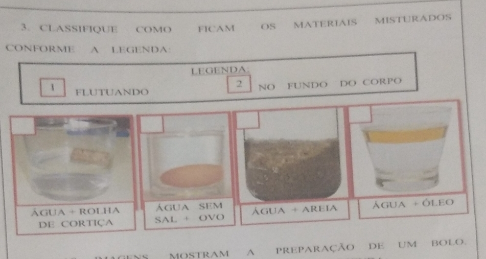 CLASSIFIQUE COMO FICAM OS MATERIAIS MISTURADOS 
CONFORME A LEGENDA: 
LEGENDA: 
2 NO FUNDO DO CORPO 
1 FLUTUANDO 
ÁGUA + ROLHA água sem ÁGUA + AREIA Água + Óleo 
DE CORTIÇA SAL + OVO 
MOSTRAM ^ PREPARAÇÃO DE UM BOLO.