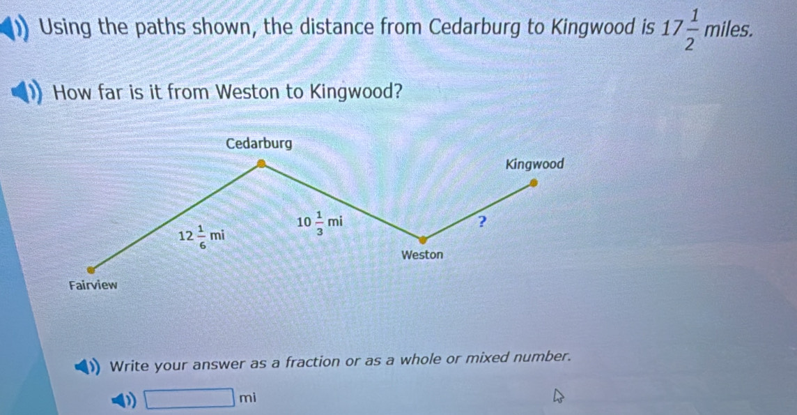 Using the paths shown, the distance from Cedarburg to Kingwood is 17 1/2 miles. 
How far is it from Weston to Kingwood? 
Cedarburg 
Kingwood
12 1/6 mi 10 1/3 mi
? 
Weston 
Fairview 
Write your answer as a fraction or as a whole or mixed number.
□ mi