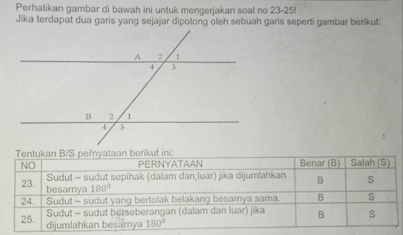 Perhatikan gambar di bawah ini untuk mengerjakan soal no 23-25!
Jika terdapat dua garis yang sejajar dipotong oleh sebuah garis seperti gambar berikut: