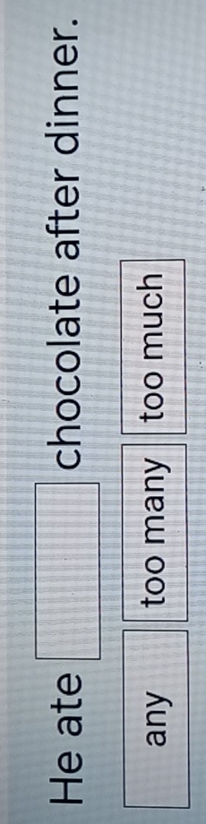 He ate □ chocolate after dinner.
any too many too much
