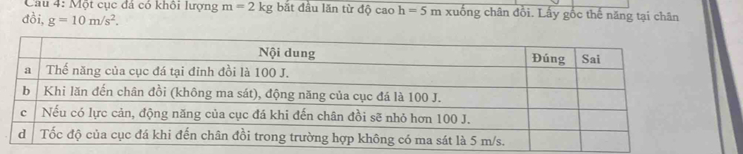 Cầu 4: Một cục đá có khối lượng m=2kg bắt đầu lăn từ độ cao h=5m xuống chân đồi. Lấy gốc thế năng tại chân 
đồi, g=10m/s^2.