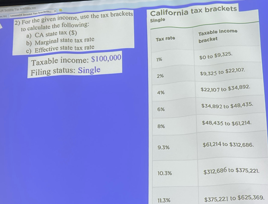 Income Tax brackets,hht 
xx.hht Lesson24 Income Tax brackets. X
2) For the given income, use the tax brackets x brackets 
to calculate the following: 
a) CA state t ax ($) 
b) Marginal state tax rate 
c) Effective state tax rate 
Taxable income: $100,000
Filing status: Single 
. 
11. 3% $375,22:1 to $625,369.