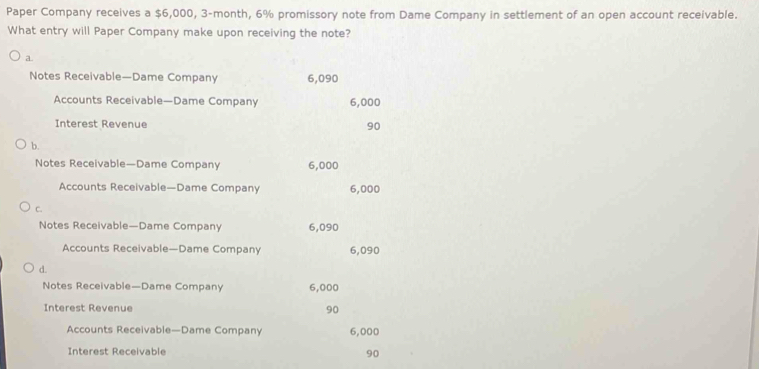 Paper Company receives a $6,000, 3-month, 6% promissory note from Dame Company in settlement of an open account receivable.
What entry will Paper Company make upon receiving the note?
Notes Receivable—Dame Company 6,090
Accounts Receivable—Dame Company 6,000
Interest Revenue 90
b.
Notes Receivable—Dame Company 6,000
Accounts Receivable—Dame Company 6,000
C.
Notes Receivable—Dame Company 6,090
Accounts Receivable—Dame Company 6,090
d.
Notes Receivable—Dame Company 6,000
Interest Revenue 90
Accounts Receivable—Dame Company 6,000
Interest Receivable 90