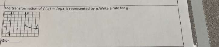 The transformation of f(x)=log x is represented by g.Write a rule for g.
_ g(x)=