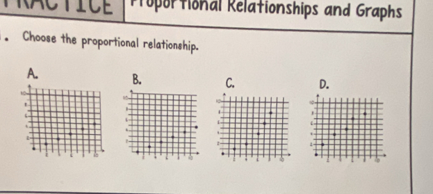 tractice Proportional Relationships and Graphs 
. Choose the proportional relationship. 
A. 
B. 
D.
10
10 < 
1- 
6
t 
. 
2.
7
2 C 
. c I