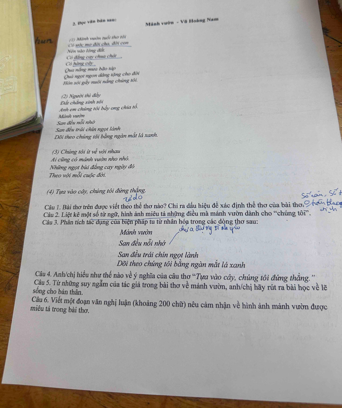 Mảnh vườn - Vũ Hoàng Nam
2. Đọc văn bản sau:
(1) Mành vườn tuổi thơ tôi
Có ước mơ đời cha, đời con
Nén vào lòng đất.
Có đắng cay chua chát
Có hàng cây
Qua nắng mưa bão táp
Quả ngọt ngon dâng tặng cho đời
Hòn sỏi gầy nuôi nắng chúng tôi.
(2) Người thì đầy
Đất chắng sinh sôi
Anh em chúng tôi bầy ong chia tổ.
Mành vườn
San đều nỗi nhớ
San đều trải chín ngọt lành
Dõi theo chúng tôi bằng ngàn mắt lá xanh.
(3) Chúng tôi ít về với nhau
Ai cũng có mảnh vườn nho nhỏ.
Những ngọt bùi đắng cay ngày đó
Theo với mỗi cuộc đời.
(4) Tựa vào cây, chúng tôi đứng thắng.
Câu 1. Bài thơ trên được viết thểo thể thơ nào? Chỉ ra dấu hiệu để xác định thể thơ của bài thơ:
Câu 2. Liệt kê một số từ ngữ, hình ảnh miêu tả những điều mà mảnh vườn dành cho “chúng tôi”.
Câu 3. Phân tích tác dụng của biện pháp tu từ nhân hóa trong các dòng thơ sau:
Mảnh vườn
San đều nỗi nhớ
San đều trái chín ngọt lành
Dõi theo chúng tôi bằng ngàn mắt lá xanh
Câu 4. Anh/chị hiểu như thế nào về ý nghĩa của câu thơ “Tựa vào cây, chúng tôi đứng thăng.”
Cậu 5. Từ những suy ngẫm của tác giả trong bài thơ về mảnh vườn, anh/chị hãy rút ra bài học về lẽ
sống cho bản thân.
Câu 6. Viết một đoạn văn nghị luận (khoảng 200 chữ) nêu cảm nhận về hình ảnh mảnh vườn được
miêu tả trong bài thơ.