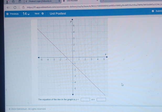 Product Login | Edmentum X Unt Pösttes 
https://f1.app.edmentum.com/assessments-delivery/ua/la/launch/9632/100000889/aHR0cHM6Ly9mMS5hcHAuZWRtZW50dW0uY29tL2x 
Subm 
O Previous 14 Next Unit Posttest 
The equation of the line in the graph is y=□ x+□
2024 Edmentum. All rights reserved.