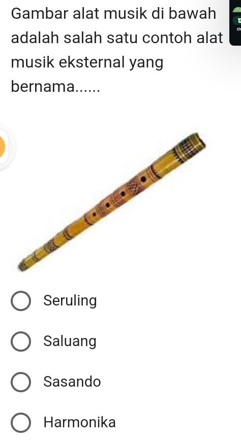 Gambar alat musik di bawah
adalah salah satu contoh alat
musik eksternal yang
bernama......
Seruling
Saluang
Sasando
Harmonika