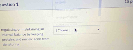uestion 1 
som permeable 
Tran h c 
regulating or maintaining an [ Choose ] 
internal balance by keeping 
proteins and nucleic acids from 
denaturing