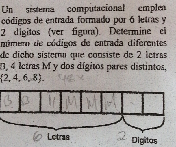 Un sistema computacional emplea 
códigos de entrada formado por 6 letras y
2 dígitos (ver fígura). Determine el 
número de códigos de entrada diferentes 
de dicão sístema que consiste de 2 letras 
B, 4 letras M y dos dígitos pares distintos,
 2,4,6,8. 
Digitos