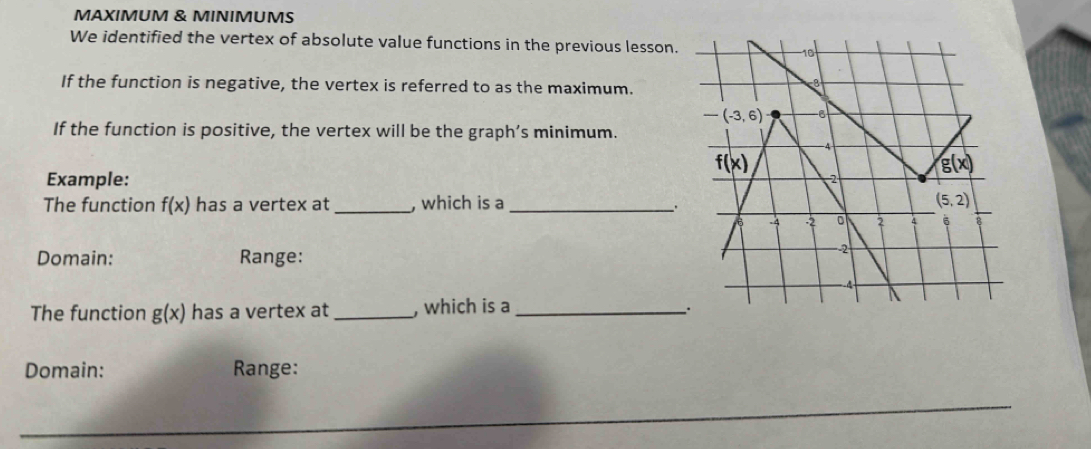 MAXIMUM & MINIMUMS
We identified the vertex of absolute value functions in the previous lesson.
If the function is negative, the vertex is referred to as the maximum.
If the function is positive, the vertex will be the graph’s minimum.
Example: 
The function f(x) has a vertex at_ , which is a
_.
Domain: Range:
The function g(x) has a vertex at _, which is a _.
Domain: Range: