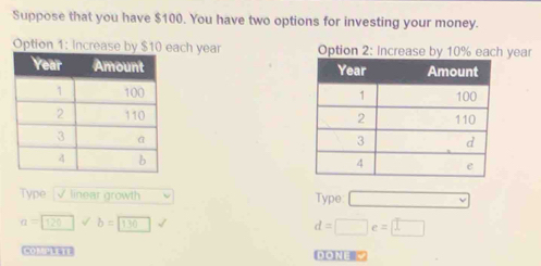 Suppose that you have $100. You have two options for investing your money.
Option 1: Increase by $1each year Option 2: Increase by 10% each year

Type √ linear growth Type □ ,
a=120 b=sqrt(130)
d=□ e=□
COMPLETT DONE ∞