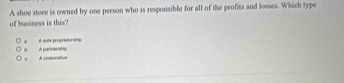 A shoe store is owned by one person who is responsible for all of the profits and losses. Which type
of business is this?
A sole proprietorship
b A partnership
6 A corporation