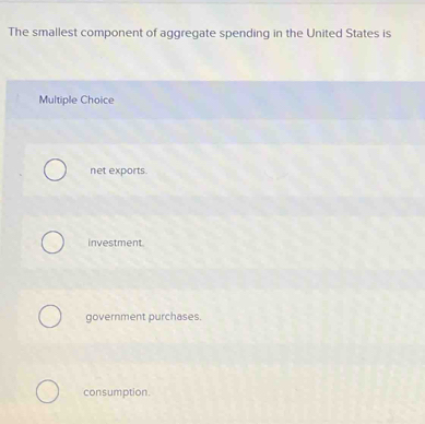 The smallest component of aggregate spending in the United States is
Multiple Choice
net exports.
investment.
government purchases.
consumption.