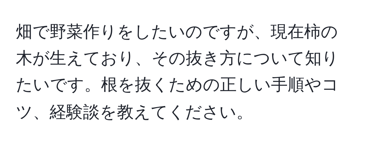 畑で野菜作りをしたいのですが、現在柿の木が生えており、その抜き方について知りたいです。根を抜くための正しい手順やコツ、経験談を教えてください。