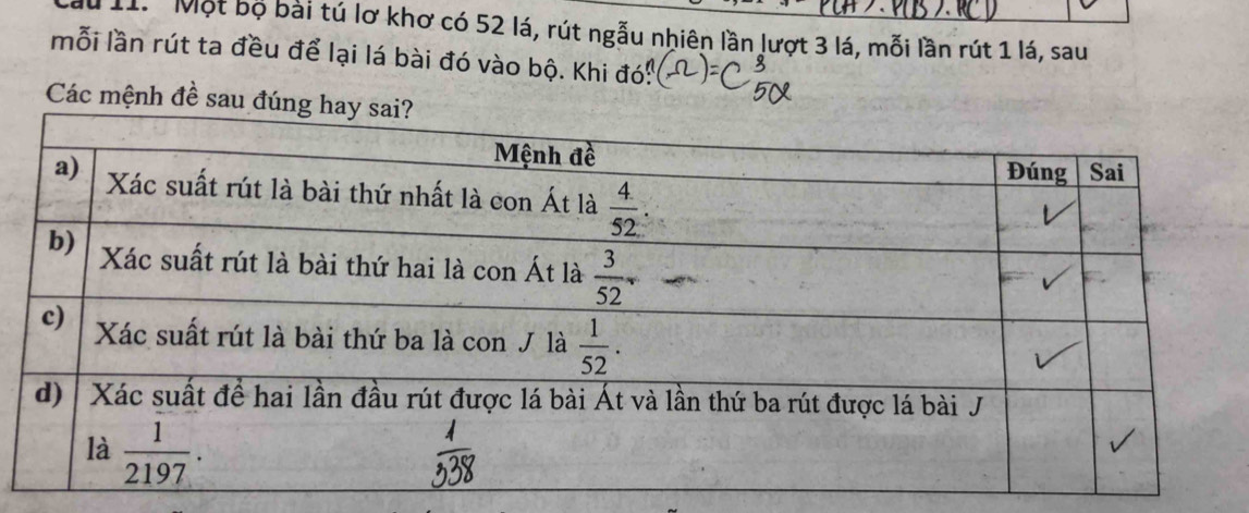 Mu 1I. Một bộ bài tú lơ khơ có 52 lá, rút ngẫu nhiên lần lượt 3 lá, mỗi lần rút 1 lá, sau
mỗi lần rút ta đều để lại lá bài đó vào bộ. Khi đó!
Các mệnh đề sau đú