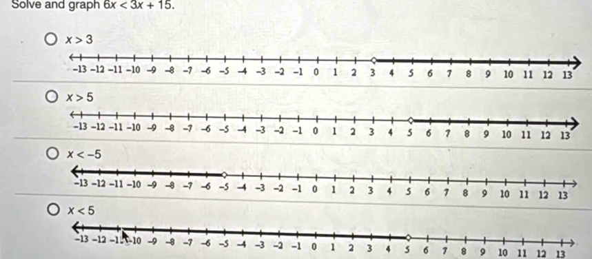 Solve and graph 6x<3x+15.
x<5</tex>
9 10 11 12 13