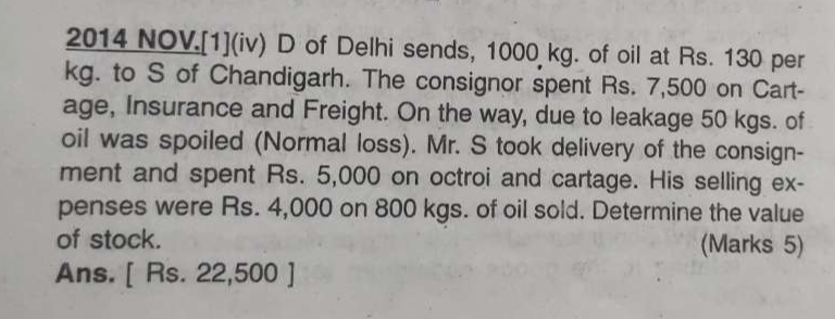 2014 NOV.[1](iv) D of Delhi sends, 1000 kg. of oil at Rs. 130 per
kg. to S of Chandigarh. The consignor spent Rs. 7,500 on Cart- 
age, Insurance and Freight. On the way, due to leakage 50 kgs. of 
oil was spoiled (Normal loss). Mr. S took delivery of the consign- 
ment and spent Rs. 5,000 on octroi and cartage. His selling ex- 
penses were Rs. 4,000 on 800 kgs. of oil sold. Determine the value 
of stock. (Marks 5) 
Ans. [ Rs. 22,500 ]