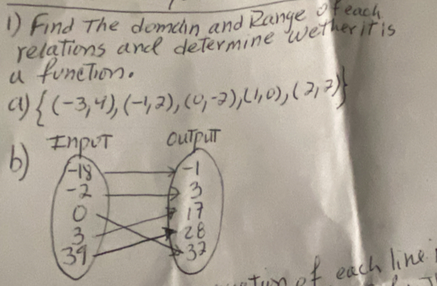 Find The doman and Range of each 
relations and determine wether it is 
a funetion, 
a  (-3,4),(-1,2),(0,-2),(1,0),(2,7)
b) 
tinof each line