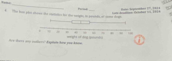 Name: 
_ 
Period: Date: September 27, 2024 
Late deadline: October 11, 2024 
4. The box plot shows the statistics for the weight, in pounds, of some dogs. 
Are there any outliers? Explain how you know. 
i