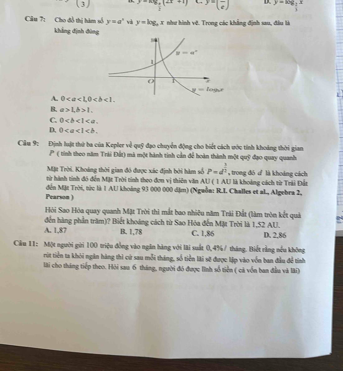 (3)
D. y=log _ π /2 (2x+1) C y=(frac e)
D. y=log _ 2/3 x
Câu 7: Cho đồ thị hàm số y=a^x và y=log _bx như hình vẽ. Trong các khẳng định sau, đâu là
khẳng định đúng
A. 0
B. a>1,b>1.
C. 0
D. 0
Câu 9: Định luật thứ ba của Kepler ven^(frac 2)3 # quỹ đạo chuyển động cho biết cách ước tính khoảng thời gian
P ( tính theo năm Trái Đất) mà một hành tinh cần để hoàn thành một quỹ đạo quay quanh
Mặt Trời. Khoảng thời gian đó được xác định bởi hàm số P=d^(frac 3)2 , trong đó d là khoảng cách
từ hành tinh đó đến Mặt Trời tính theo đơn vị thiên văn AU ( 1 AU là khoảng cách từ Trái Đất
đến Mặt Trời, tức là 1 AU khoảng 93 000 000 dặm) (Nguồn: R.I. Challes et al., Algebra 2,
Pearson )
Hỏi Sao Hỏa quay quanh Mặt Trời thì mất bao nhiêu năm Trái Đất (làm tròn kết quả
đến hàng phần trăm)? Biết khoảng cách từ Sao Hỏa đến Mặt Trời là 1,52 AU.
A. 1,87 B. 1,78 C. 1,86
D. 2,86
Câu 11: Một người gửi 100 triệu đồng vào ngân hàng với lãi suất 0,4%/ tháng. Biết rằng nếu không
rút tiền ta khỏi ngân hàng thì cứ sau mỗi tháng, số tiền lãi sẽ được lập vào vốn ban đầu đề tính
lãi cho tháng tiếp theo. Hỏi sau 6 tháng, người đó được lĩnh số tiền ( cả vốn ban đầu và lãi)