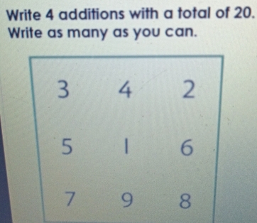 Write 4 additions with a total of 20. 
Write as many as you can.
3 4 2
5 1 6
7 9 8