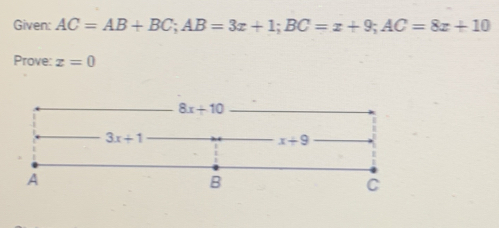 Given: AC=AB+BC;AB=3x+1;BC=x+9;AC=8x+10
Prove: x=0
8x+10