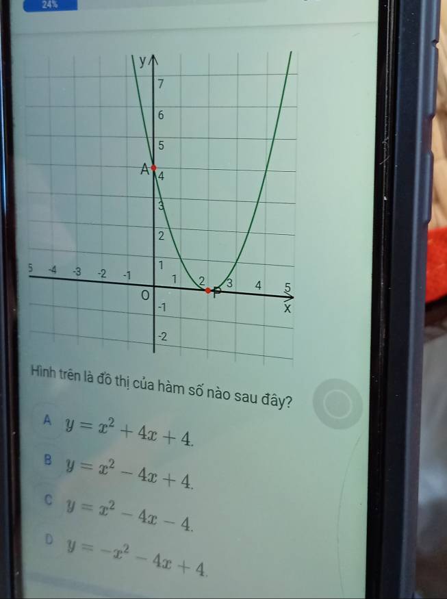 24%
là đồ thị của hàm số nào sau đây?
A y=x^2+4x+4.
B y=x^2-4x+4.
C y=x^2-4x-4.
D y=-x^2-4x+4.