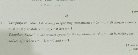 1449 
25 
α) Lengkapkan Jadual 3 di ruang jawapan bagi persamaan y=2x^2-x-10 dengan menulis 
nilai-nilai y apabila x=-2, x=0 dan x=3. 
Complete Table 3 in the answer space for the equation y=2x^2-x-10 by writing the 
values ofy when x=-2, x=0 and x=3. 
[3 mark 
[3 mar