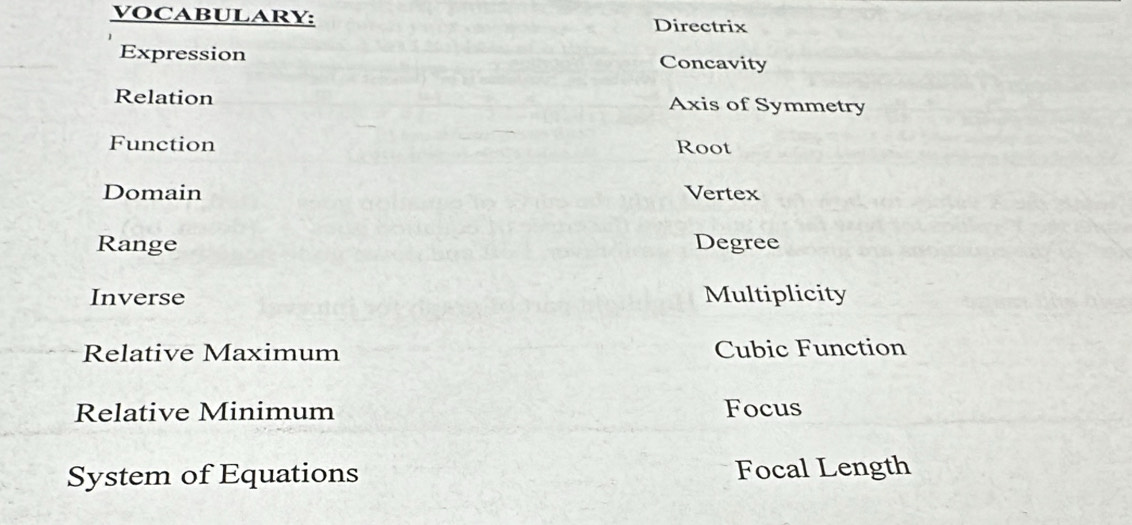 VOCABULARY:
Directrix
Expression Concavity
Relation Axis of Symmetry
Function Root
Domain Vertex
Range Degree
Inverse Multiplicity
Relative Maximum Cubic Function
Relative Minimum Focus
System of Equations Focal Length