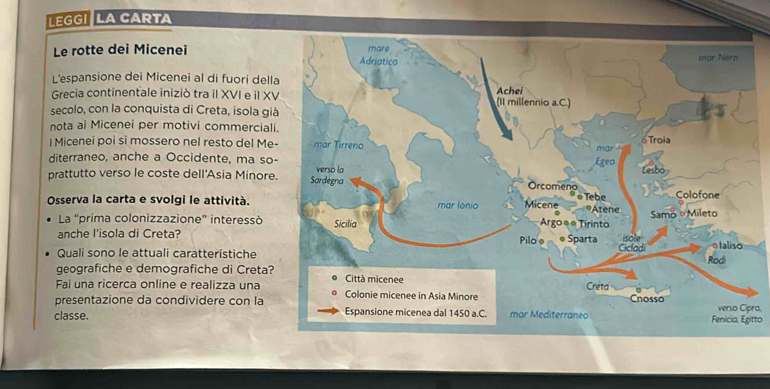 LEGGI LA CARTA 
Le rotte dei Micenei 
L'espansione dei Micenei al di fuori del 
Grecia continentale iniziò tra il XVI e il X 
secolo, con la conquista di Creta, isola gi 
nota ai Micenei per motivi commercial 
I Micenei poi si mossero nel resto del Me 
diterraneo, anche a Occidente, ma so 
prattutto verso le coste dell'Asia Minore 
Osserva la carta e svolgi le attività. 
La “prima colonizzazione” interessò 
anche l'isola di Creta? 
Quali sono le attuali caratteristiche 
geografiche e demografiche di Creta? 
Fai una ricerca online e realizza una 
presentazione da condividere con laro, 
classe.tto