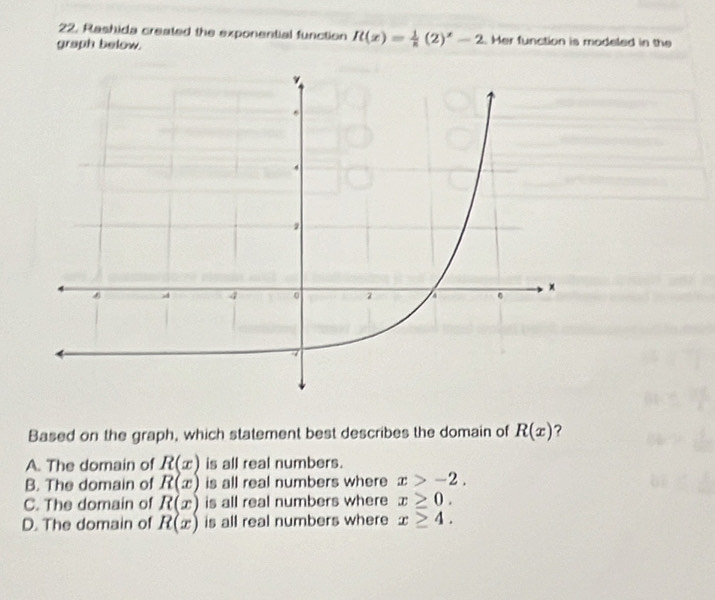 Rashida created the exponential function R(x)= 1/8 (2)^x-2. Her function is modeled in the
graph below.
Based on the graph, which statement best describes the domain of R(x) ?
A. The domain of R(x) is all real numbers.
B. The domain of R(x) is all real numbers where x>-2.
C. The domain of R(x) is all real numbers where x≥ 0.
D. The domain of R(x) is all real numbers where x≥ 4.